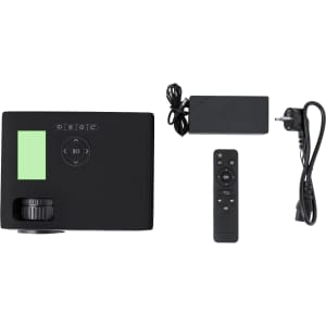 A black Heroux projector with a remote control, power adapter, and cable, featuring a green display area.