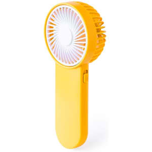 A yellow handheld fan with a circular design and a grip handle. It features a logo on the body.