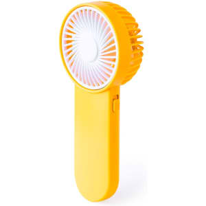 A yellow handheld fan featuring a circular design and a handle, with a simple button for operation.