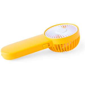 A handheld fan in bright yellow, featuring a circular blade design and a compact handle, with a logo visible.