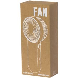 A yellow handheld fan packaged in a brown cardboard box with a simple design and logo.