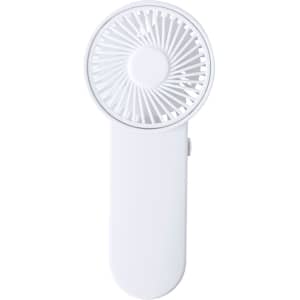 A portable white fan with a circular grille and a sleek handle, featuring a branding logo.