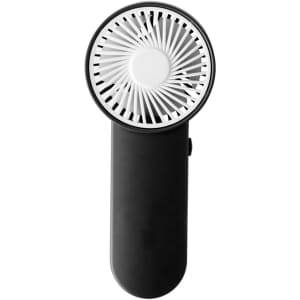 A handheld fan in black and white with a circular design and central blades, featuring a logo on the handle.