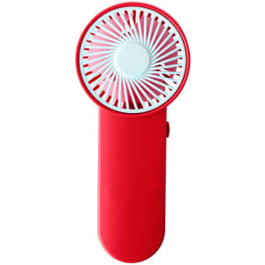 A red handheld fan with a white grille and a simple design, featuring a branding logo.