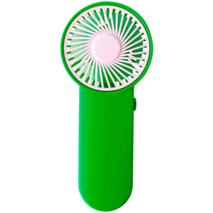 A green handheld fan with a pink circular blade design and a power button. It features a logo on the handle.