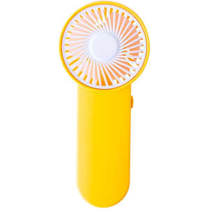 A handheld fan in bright yellow with a circular fan head and a simple button design. It includes a logo.