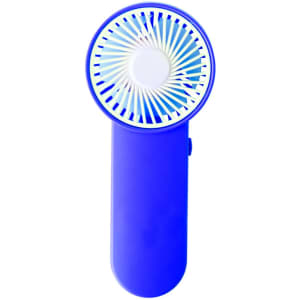 A portable blue fan with a circular design and a white centre, featuring a power switch and a branding logo.