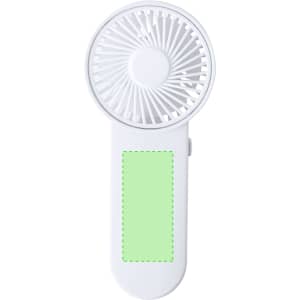 A white handheld fan with a circular design and a green area for custom branding.