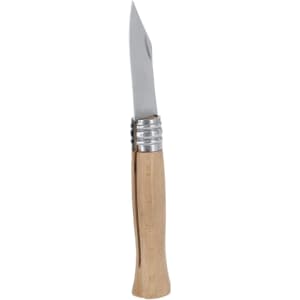 A pocket knife featuring a stainless steel blade and a wooden handle, with a silver metal bolster.