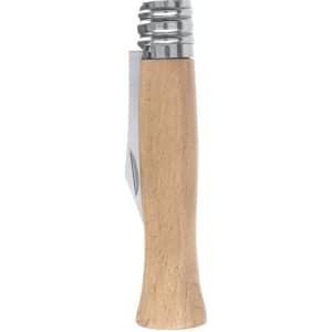 A pocket knife with a silver blade and a wooden handle, featuring a sleek design and a logo.