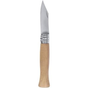 A pocket knife with a stainless steel blade and a light wooden handle, featuring metallic detailing.