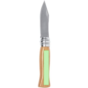 A pocket knife featuring a silver blade and a wooden handle with a green section. Includes a logo on the handle.