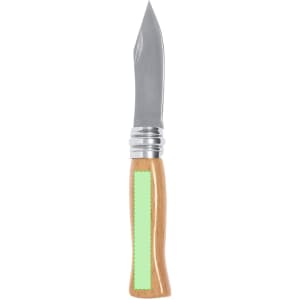 A pocket knife with a stainless steel blade and a wooden handle, featuring a branding area.
