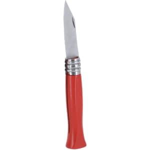 A red pocket knife with a silver blade and a textured handle, featuring a logo on the side.