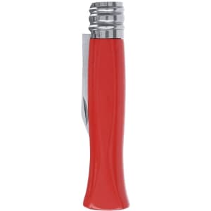 A red pocket knife with a shiny metal blade and clip, featuring a smooth handle. It includes a logo.
