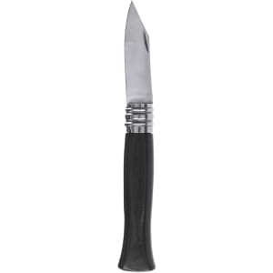 A pocket knife with a stainless steel blade and a black handle. It features a shiny metal bolster.