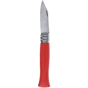 A red pocket knife with a shiny silver blade and a curved handle, featuring a logo on the handle.