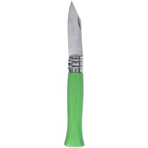 A green pocket knife featuring a silver blade and a textured handle. It has a branded logo.