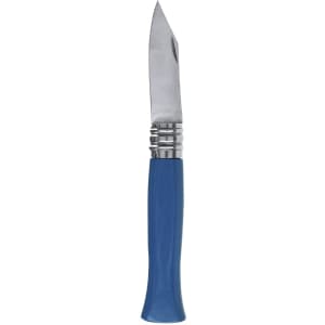 A blue pocket knife with a stainless steel blade and a metallic handle. It features a branded logo.