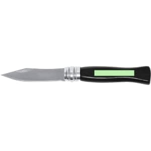 A stainless steel pocket knife with a black handle and a green accent, featuring a sleek blade design.