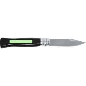 A pocket knife with a silver blade and a black handle featuring a branding logo.