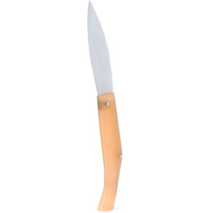 A pocket knife with a silver blade and an orange handle, featuring a logo on the handle.