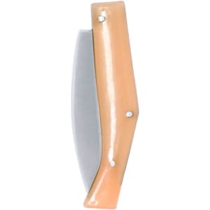 A pocket knife with a silver blade and a peach-hued handle, featuring a logo on the side.