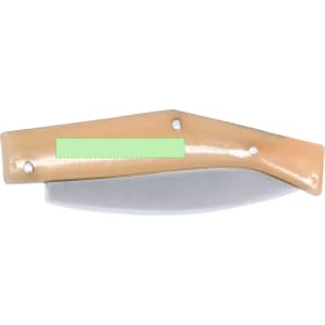 A pocket knife with a wooden handle and a stainless steel blade, featuring a logo on the handle.