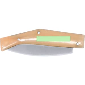 A pocket knife with a light brown handle and a silver blade, featuring a logo on the handle.