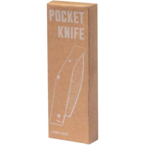 A brown box containing a pocket knife, featuring an illustration of the knife on the front and a branded logo.