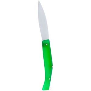 A green pocket knife with a sleek design and a shiny stainless steel blade, featuring a simple logo.