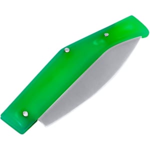 A green pocket knife with a sleek blade and a smooth handle, featuring metal rivets.