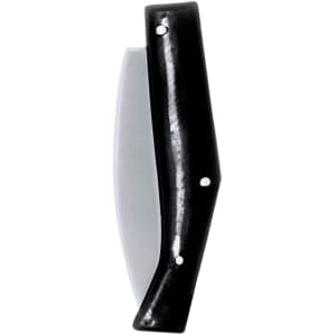 A black pocket knife with a sleek design, featuring a silver blade and a logo on the handle.