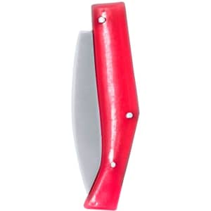 A pocket knife with a red handle and a silver blade, featuring a branded logo.