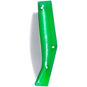 A green pocket knife with a sleek handle and a stainless steel blade, featuring a logo on the handle.