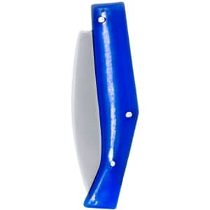 A blue pocket knife with a silver blade, featuring a simple design and a logo on the handle.