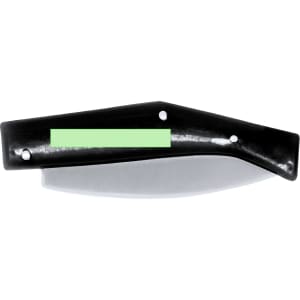 A compact black pocket knife with a green accent and a sleek, curved design. It features a blade that folds into the handle.