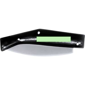 A black pocket knife with a curved blade and a simple design, featuring a logo.