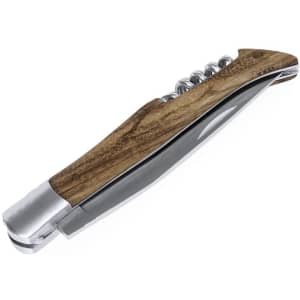 A corkscrew pocket knife with a wooden handle and chrome accents, featuring a sleek design and a logo.