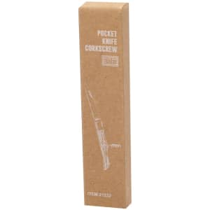 A cardboard box containing a corkscrew pocket knife with a simple design and a natural colour scheme.
