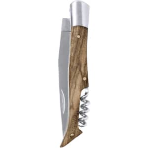 A corkscrew pocket knife with a silver blade and a wooden handle, featuring a metallic end and a logo.