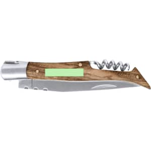 A corkscrew pocket knife featuring a wooden handle and stainless steel blade, with a branded logo visible.