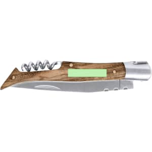 A corkscrew pocket knife with a wooden handle and stainless steel blade, featuring a shiny metal tip and branding.