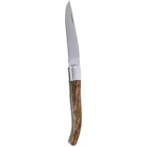 A pocket knife with a shiny silver blade and a wooden handle, featuring a logo on the side.