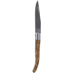 A pocket knife with a sleek stainless steel blade and a wooden handle, featuring a logo on the side.
