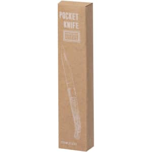 A brown cardboard box contains a pocket knife, featuring a logo and a steel blade illustration.
