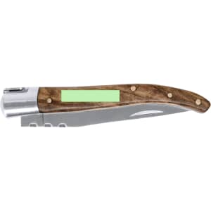 A pocket knife featuring a wooden handle and stainless steel blade, with a branded area for customisation.