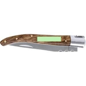 A pocket knife with a wooden handle and a silver metal blade, featuring a logo on the handle.
