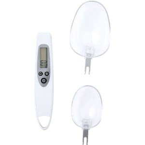 Weighing scales in white with a digital display, accompanied by two transparent measuring scoops.