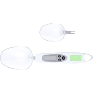 A white weighing scale with a detachable scoop and a digital display. It features a logo on the side.